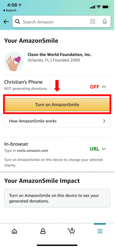 Screenshot of how to turn on AmazonSmile on your Amazon mobile app