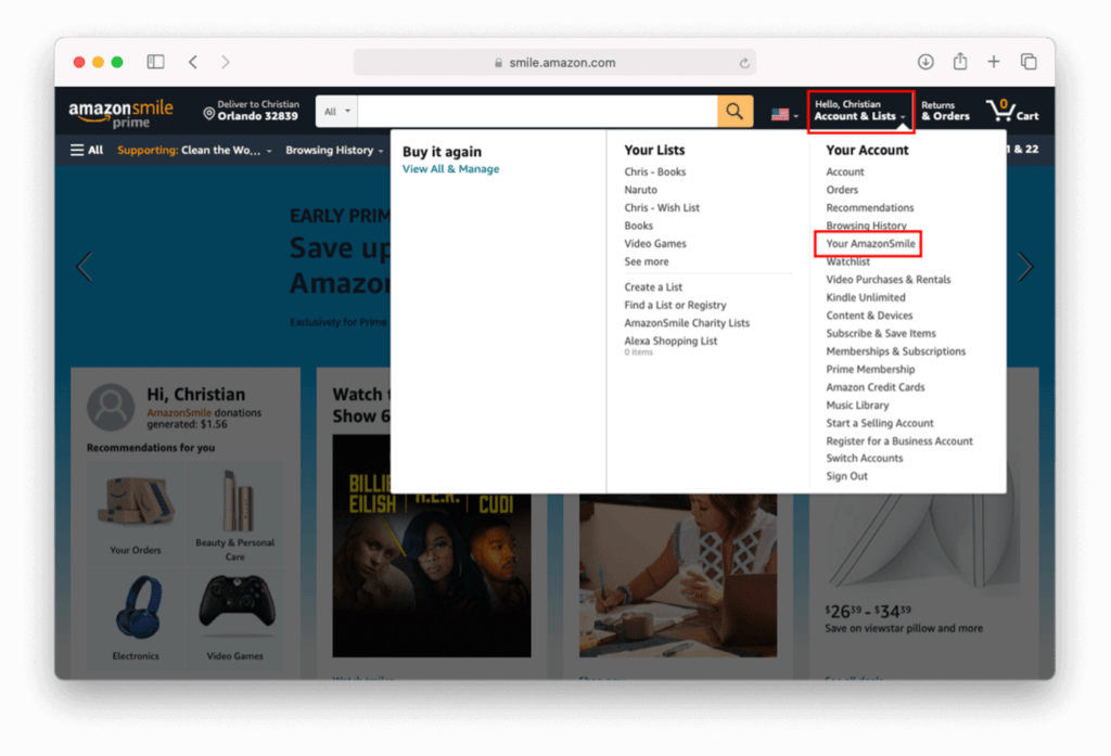 Screenshot of how to access AmazonSmile from your amazon account
