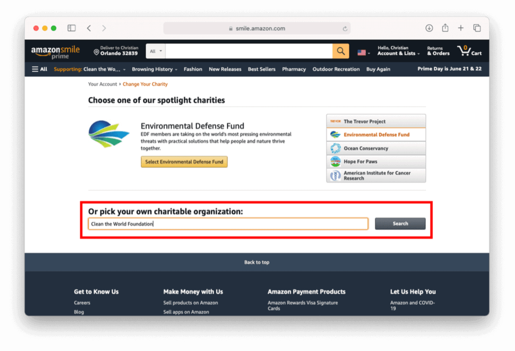 Screenshot displaying how to search for Clean the World Foundation on AmazonSmile's web browser